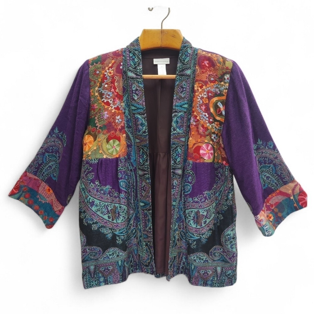 Soft Surroundings Embroidered Wool Open Front Blanket Style Boho Cardigan Size M - Picture 2 of 15